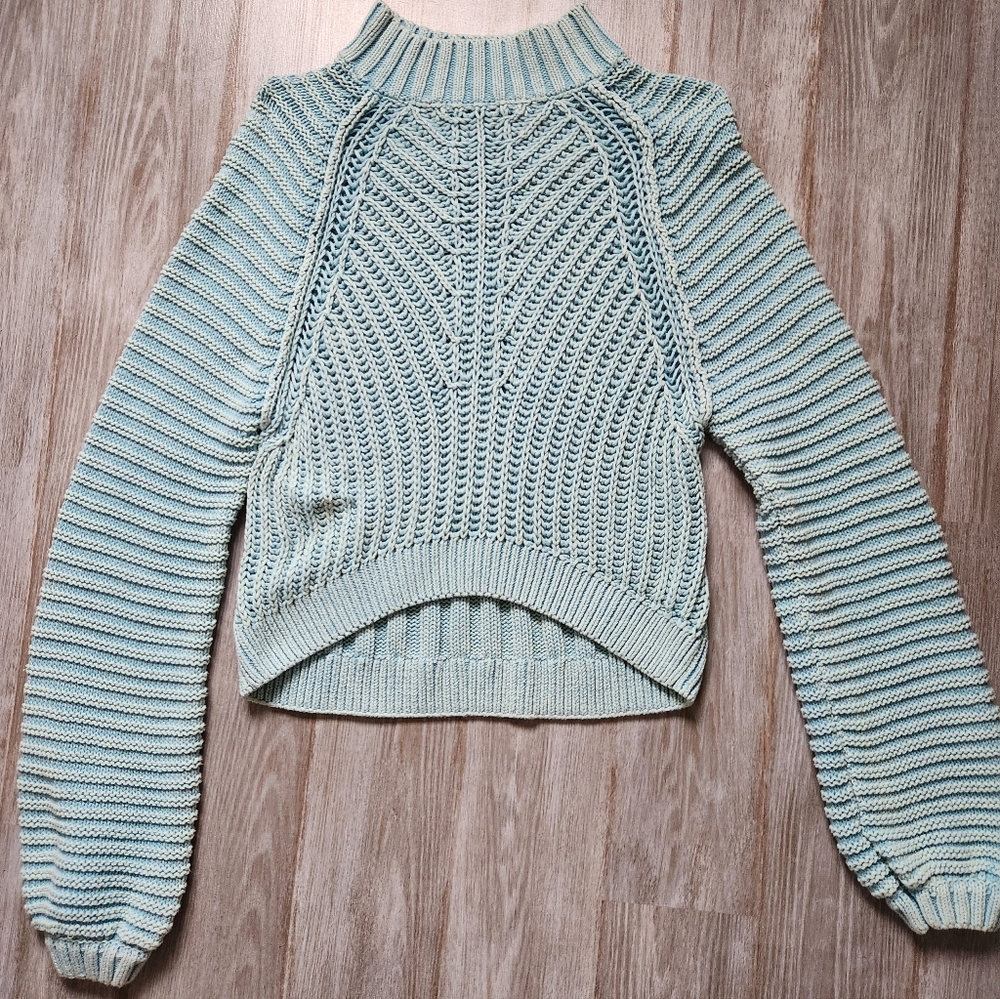 Free People Chunky Knit Sweater High Neck Blue Long Sleeves Hi-Low Hem Sz XL